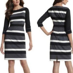 WHBM Black White Gray Striped Ponte Dress 3/4 Sleeve Size 0